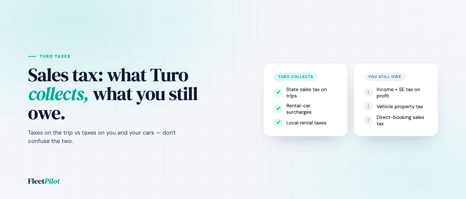 Map-style illustration showing which taxes on a Turo trip are collected by Turo versus owed by the host