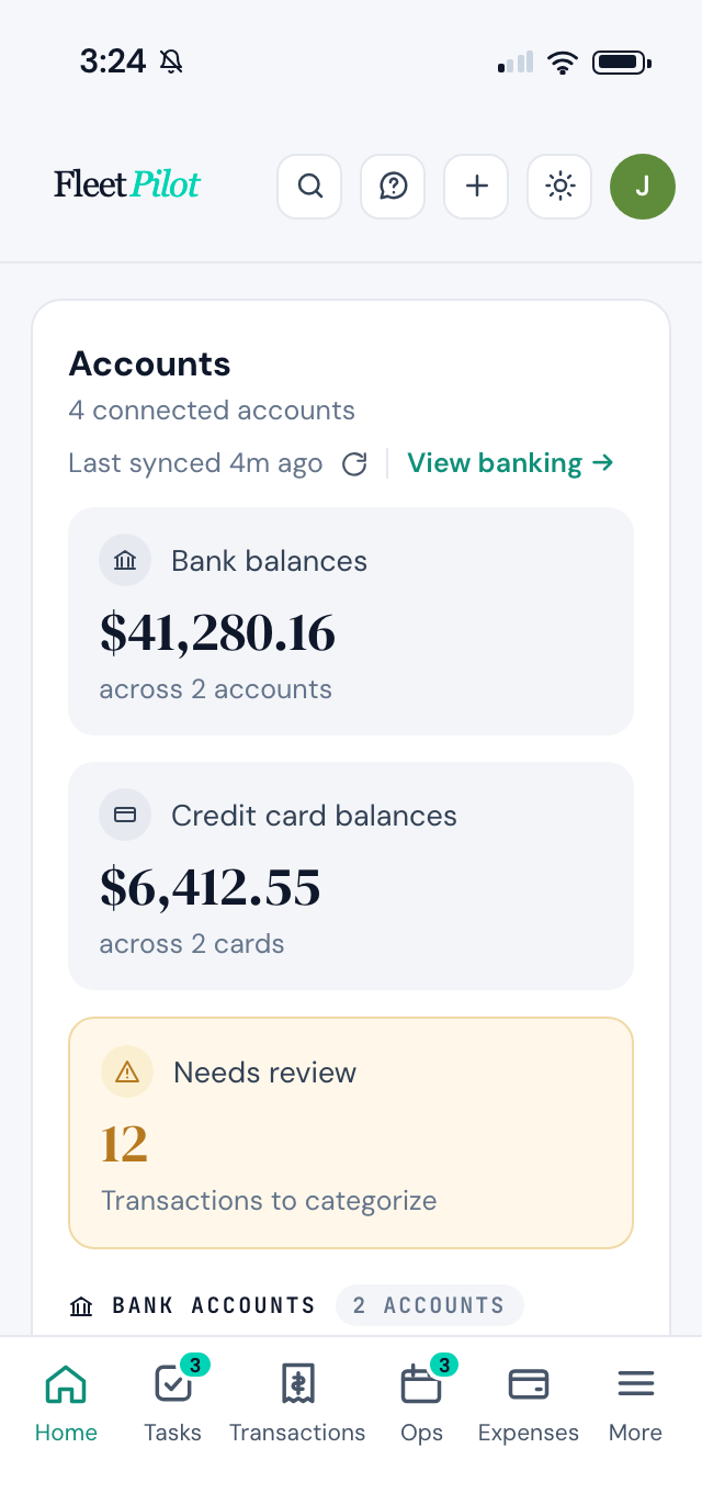 FleetPilot mobile app showing connected bank accounts, bank balance, credit owed, and transactions needing review