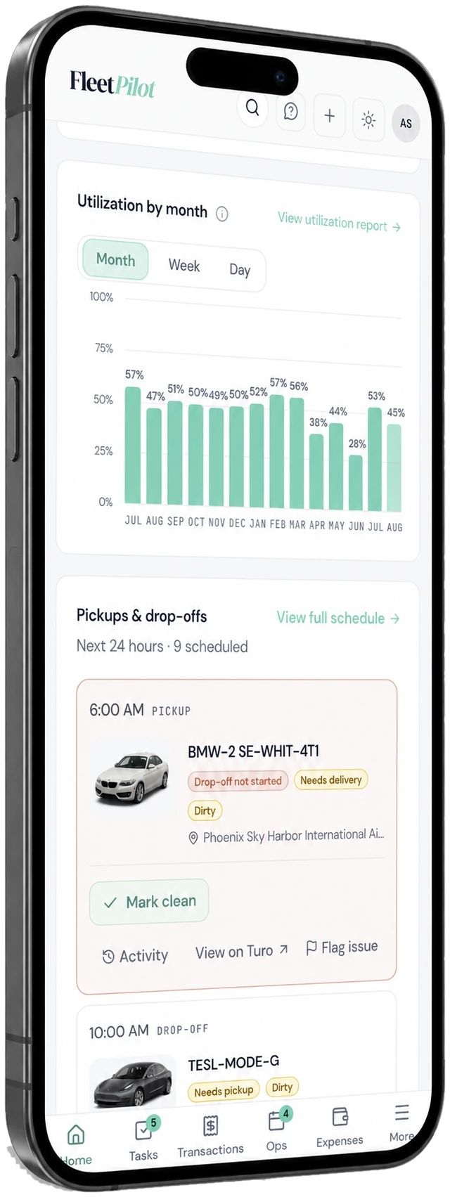 FleetPilot mobile app on a phone showing monthly utilization and the next 24 hours of pickups and drop-offs