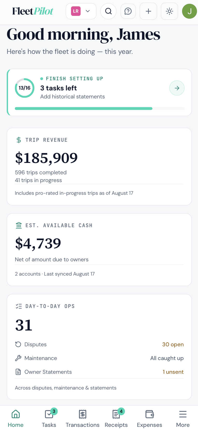 FleetPilot mobile app showing the dashboard home screen with trip revenue, available cash, and day-to-day ops